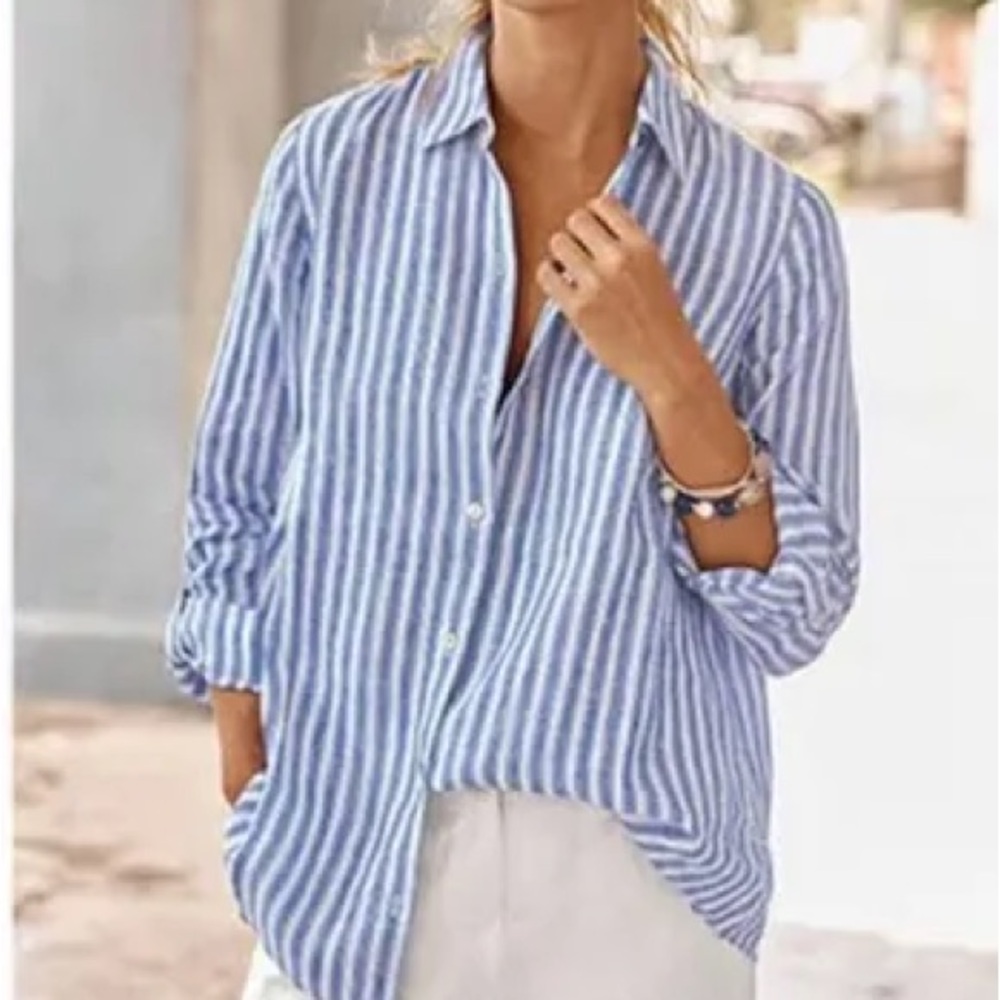 J Jill Love Linen Blue White Yellow Stripe 100% Linen Button Down Long Sleeve 3X - Picture 10 of 10